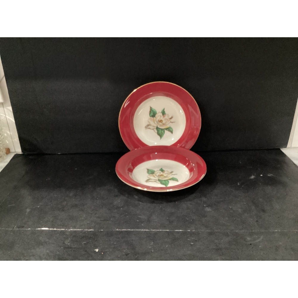 Homer Laughlin Burgundy Bowls 8.5" Magnolia  1940's Dishes Gold Rim Set of 2